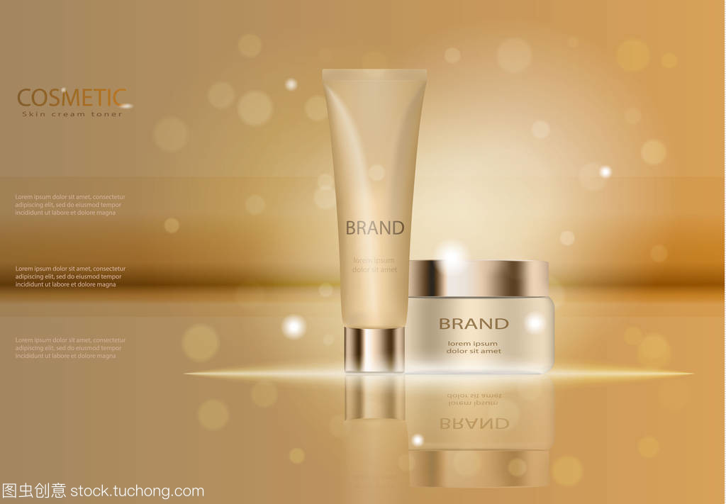 優雅的化妝品。綠松石奶油面具瓶隔離帶亮片。皮膚調色劑廣告模板、 化妝品產品海報、 保濕霜或液體瓶包裝設計。3d 矢量圖